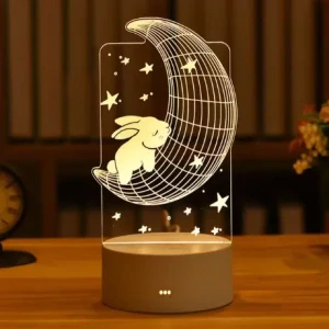 Noční LED lampička s 3D efektem – měsíc a roztomilý králíček